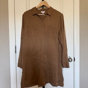 J. Jill Brown Tencel Lyocell Roll Tab Sleeve Tunic Shirt Dress Womens Large